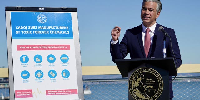 California Attorney General Rob Bonta announces a lawsuit against manufacturers of toxic chemicals in San Francisco, on Nov. 10, 2022.