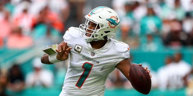 Tua Tagovailoa of the Dolphins throws a pass against the Cleveland Browns at Hard Rock Stadium on Nov. 13, 2022, in Miami Gardens, Florida.