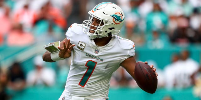 Tua Tagovailoa of the Miami Dolphins throws a pass during the third quarter against the Cleveland Browns at Hard Rock Stadium on Nov. 13, 2022, in Miami Gardens, Florida.