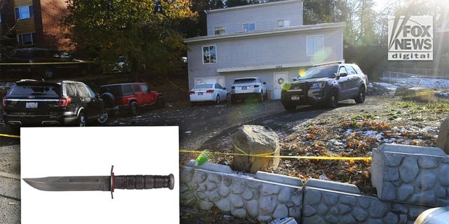 Police suspect a Ka-Bar-style knife may have been used in the slayings of four University of Idaho students, inset. Caution tape surrounds the house near campus where the students were slaughtered.
