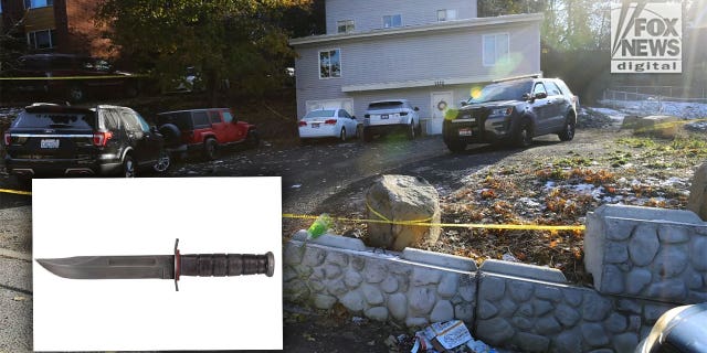 Police suspect a KaBar knife may have been used in slayings of four University Idaho students, inset. Caution tape surrounds the house near campus where the students were slaughtered.