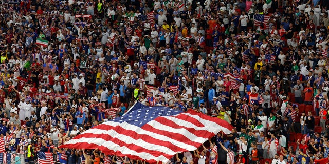 Supporters of the U.S. attend the Qatar 2022 World Cup Group B match between Iran and the U.S. at the Al-Thumama Stadium in Doha Nov. 29, 2022. 