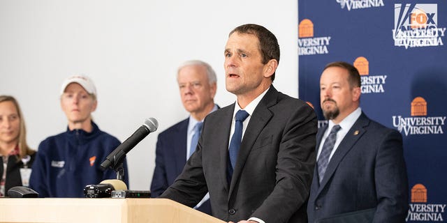 University of Virginia President Jim Ryan speaks at press conference. 