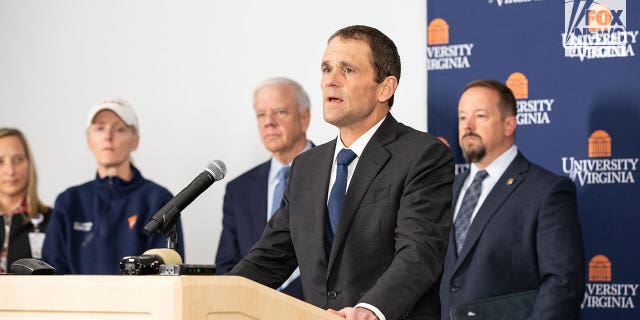 University of Virginia President Jim Ryan speaks at press conference. 