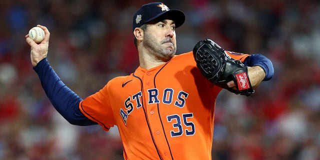 Justin Verlander #35 of the Houston Astros delivers a pitch against the Philadelphia Phillies during the second inning in Game Five of the 2022 World Series at Citizens Bank Park on November 03, 2022 in Philadelphia, Pennsylvania.