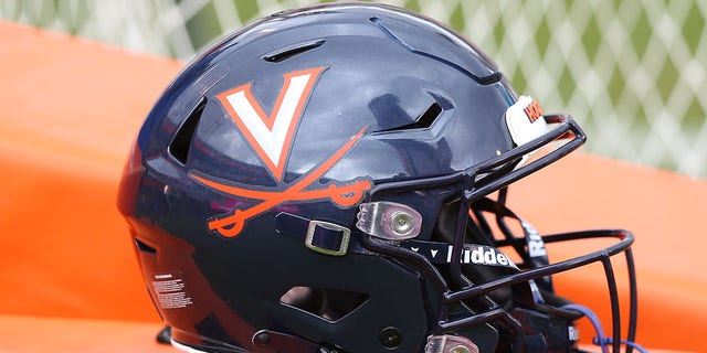 Virginia Cavaliers helmet with logo resting on the sidelines during a college football game between the North Carolina Tar Heels and the Virginia Cavaliers on November 05, 2022, at Scott Stadium in Charlottesville, VA. 