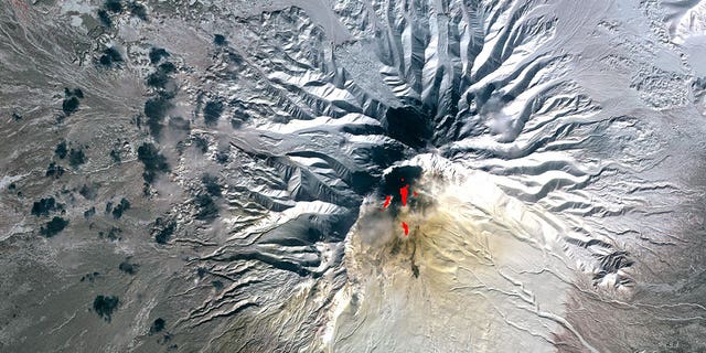 A satellite image of Shiveluch volcano in Kamchatka, Siberia, Russia, on March 26, 2010. 