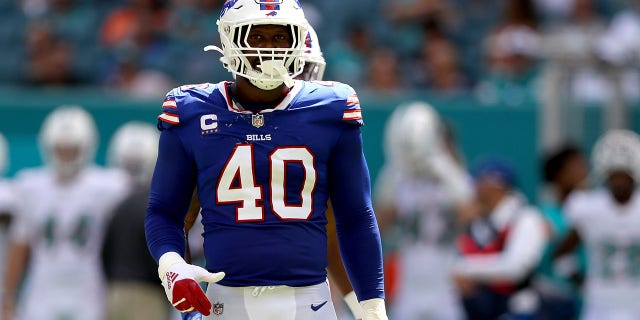 Buffalo Bills' Von Miller looks on during the first half of an NFL game against the Miami Dolphins at Hard Rock Stadium in Miami Gardens, Florida on September 25, 2022.