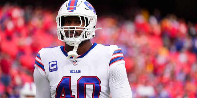 Von Miller of the Buffalo Bills warms up against the Kansas City Chiefs, Oct. 16, 2022, in Kansas City, Missouri.