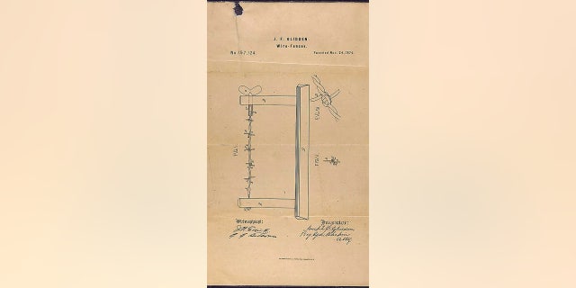 Barbed wire, in 1874 by Joseph F.  Patent drawing for Glidden Improvement.