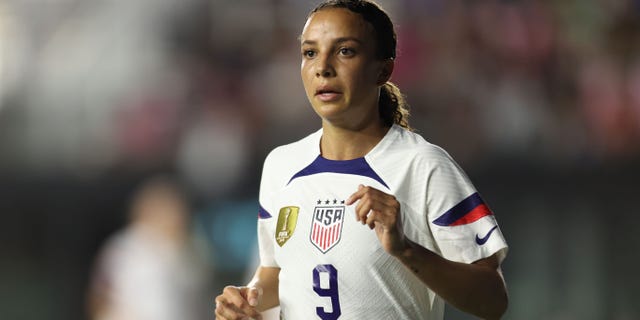 Mallory Pugh of the United States looks on during the women's international friendly match against Germany, Nov. 10, 2022, in Fort Lauderdale, Florida.