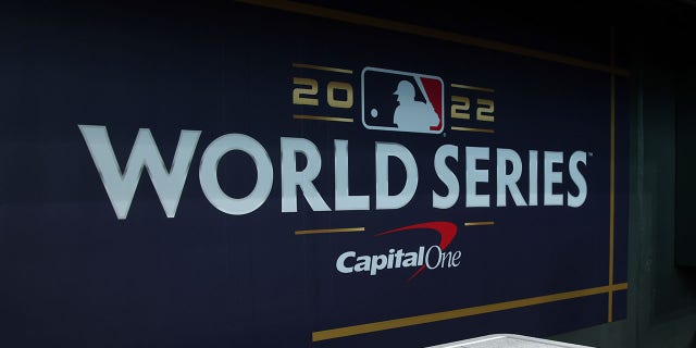 A detail shot of the World Series logo in the back of the dugout before Game 1 of the 2022 World Series between the Philadelphia Phillies and the Houston Astros at Minute Maid Park on Friday, October 28, 2022 in Houston, Texas.