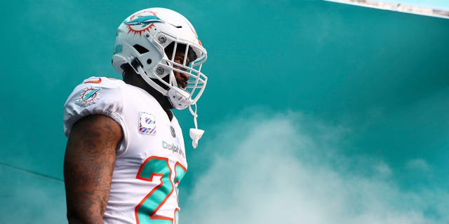 Xavien Howard #25 of the Miami Dolphins walks through the tunnel prior to an NFL football game against the Minnesota Vikings at Hard Rock Stadium on Oct. 16, 2022 in Miami Gardens, Fla.