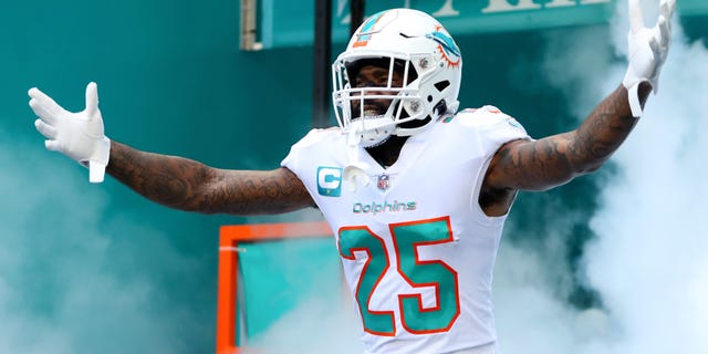 Xavien Howard #25 of the Miami Dolphins is introduced prior to playing the Buffalo Bills at Hard Rock Stadium on Sept. 25, 2022 in Miami Gardens, Fla.