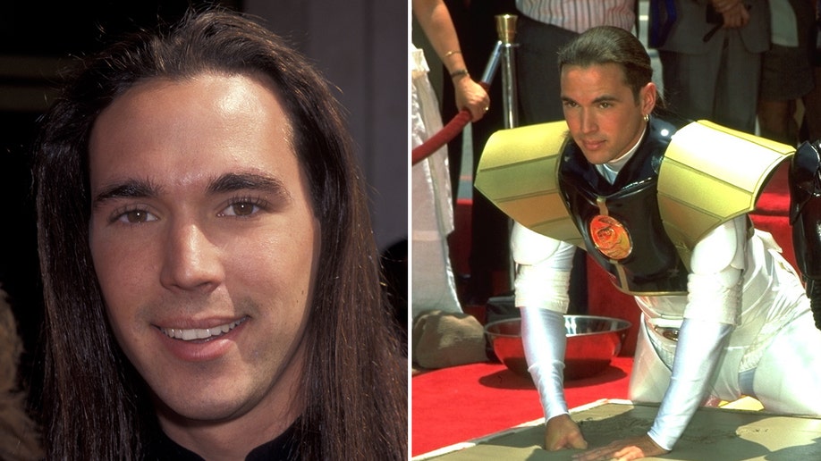 Jason David Frank in 1995 with long hair split Jason David Frank with Power Ranger costume