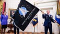 WASHINGTON, DC - MAY 15: Chief Master Sgt. Roger Towberman (R),  Space Force and Command Senior Enlisted Leader and CMSgt Roger Towberman (L), with Secretary of the Air Force Barbara Barrett present US President Donald Trump with the official flag of the United States Space Force in the Oval Office of the White House in Washington, DC on May 15, 2020. (Photo by Samuel Corum-Pool/Getty Images) - Fox News
