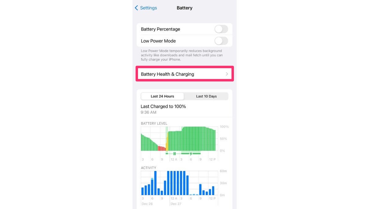 iphone battery health and charging screen