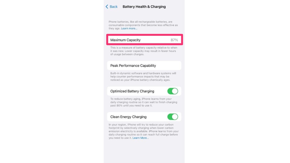 iphone battery capacity screen