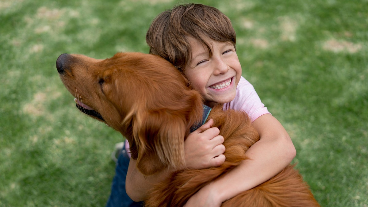 boy hugs dog