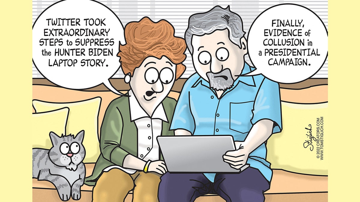 Political cartoon about Hunter Biden laptop story