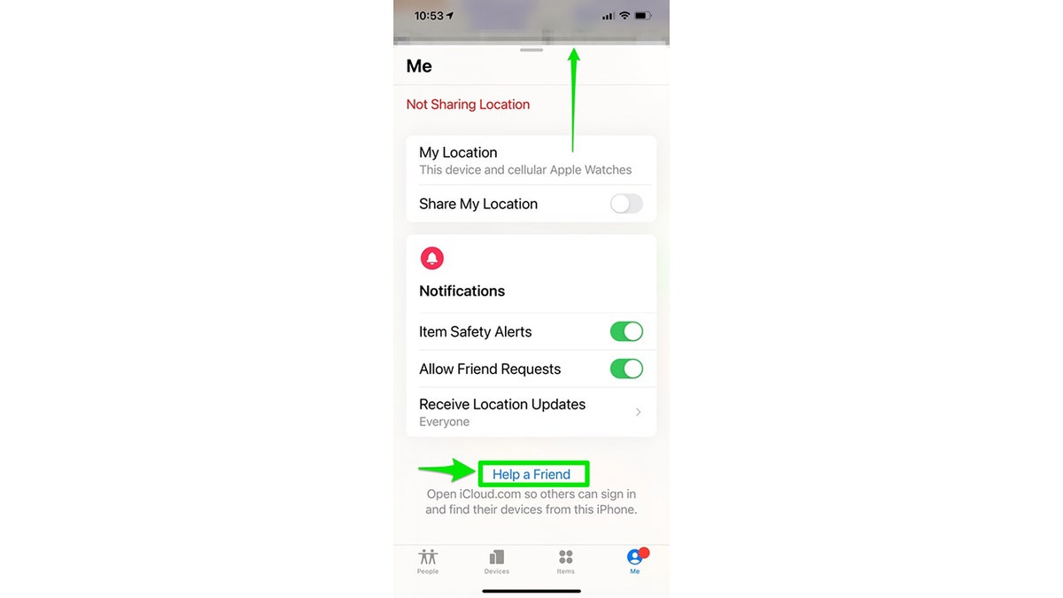 Screenshot of an iPhone screen in the "Find my iPhone" settings