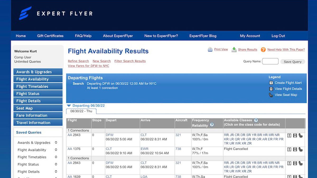 Screenshot of expertflyer