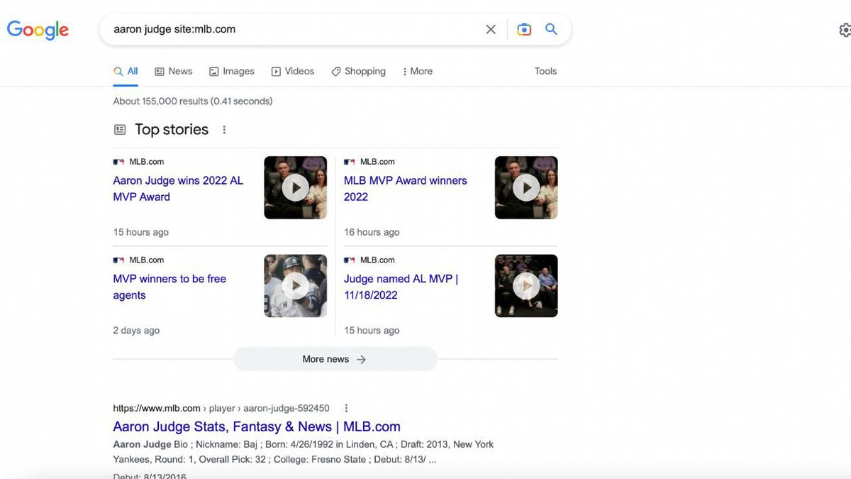 Screenshot of a Google search for Aaron Judge.