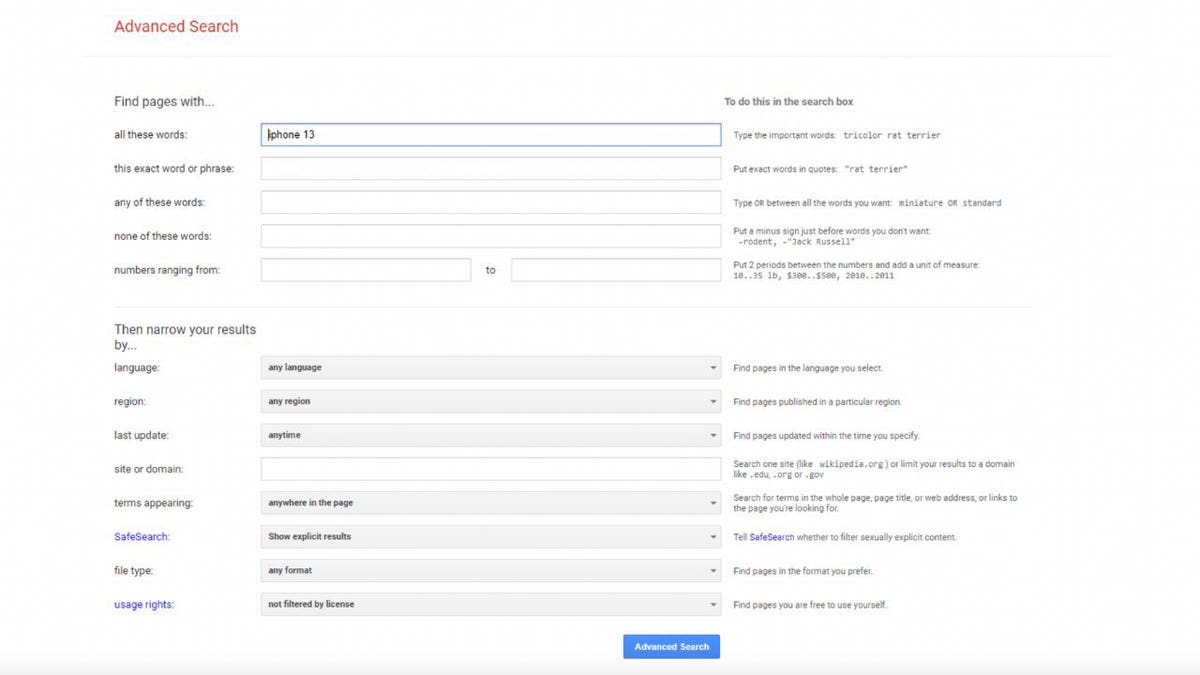 Google advanced search.