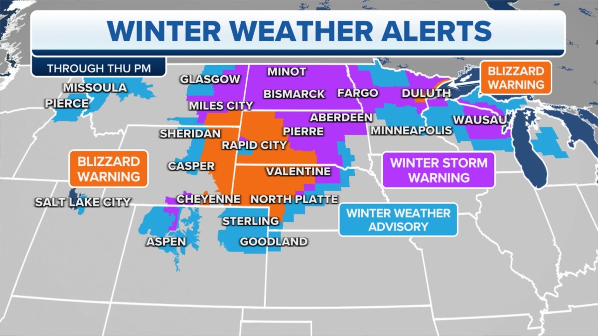A map of winter weather alerts in the Midwest, Plains