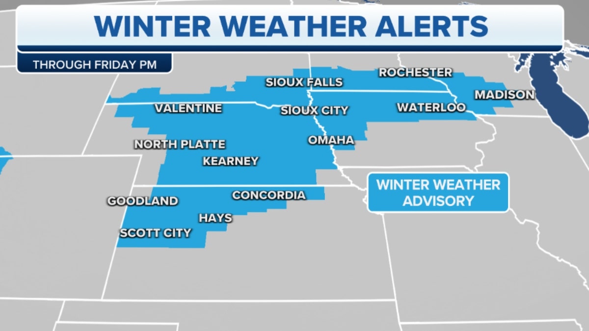 A map showing winter weather alerts