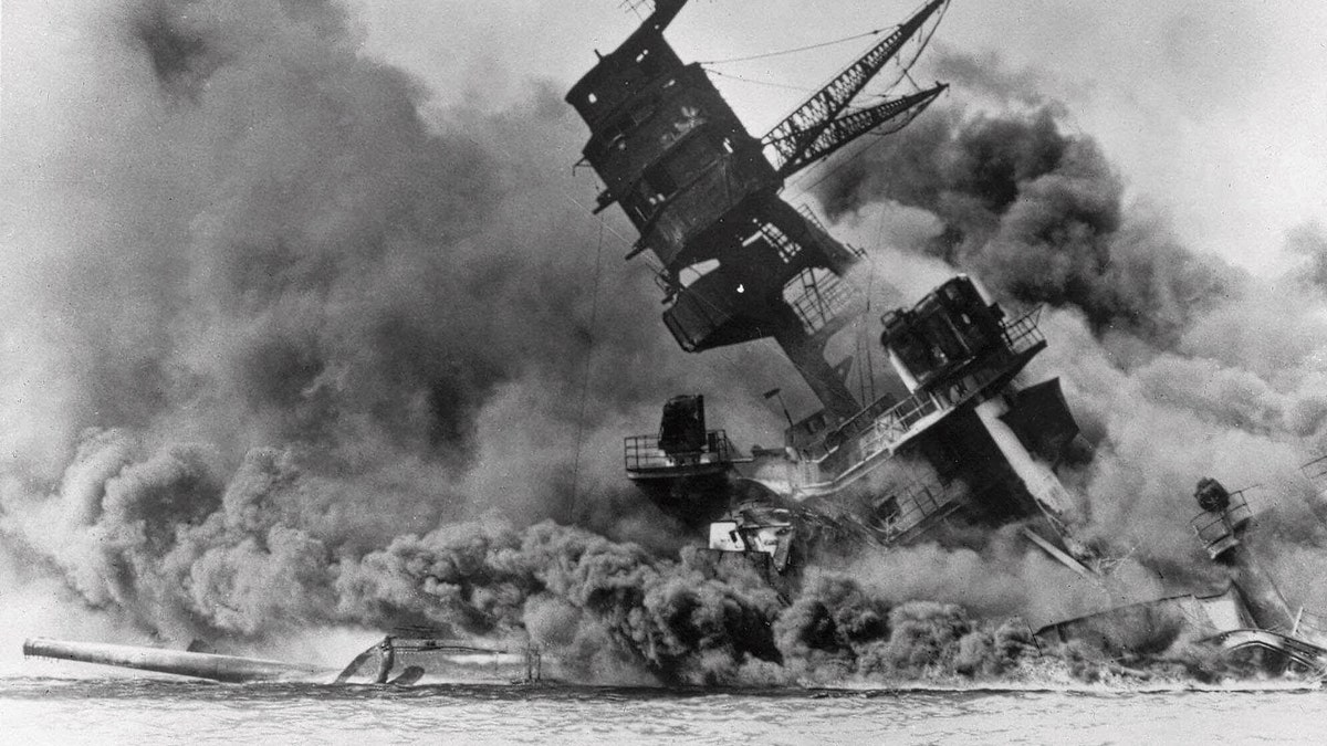 Smoke rising from USS Arizona as it sinks after Pearl Harbor attack