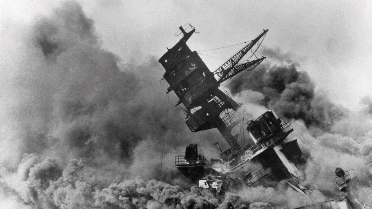 Smoke rising from USS Arizona as it sinks after Pearl Harbor attack