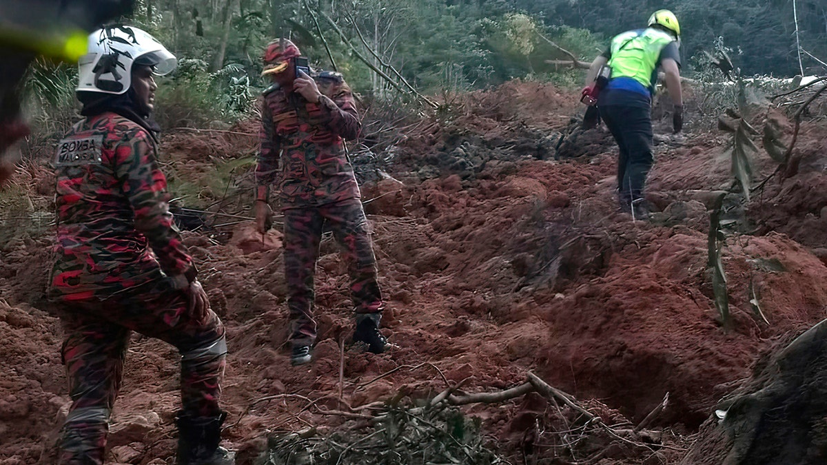 Rescue team working following a landslide at a campsite