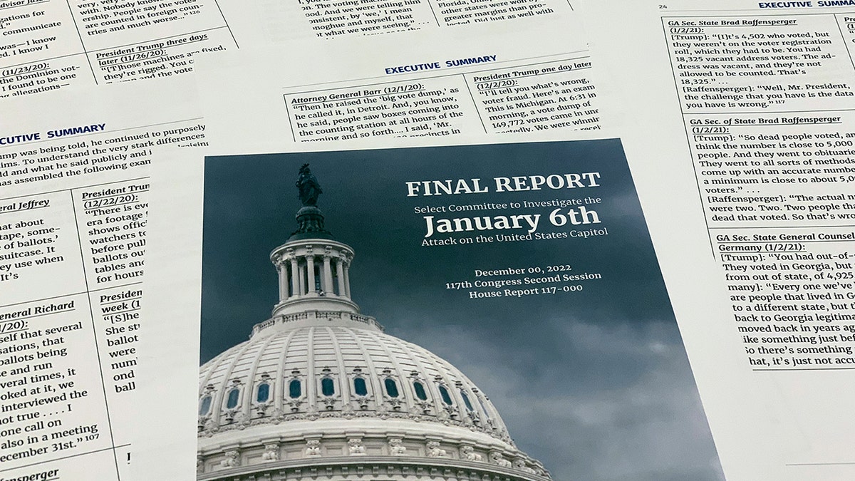 A photo of several pages of the final Jan. 6 report