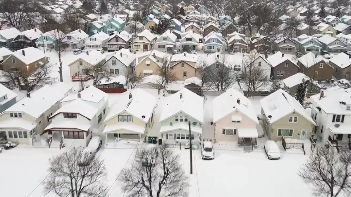 Aerial footage of Buffalo, New York snowfall