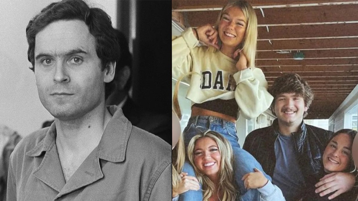 Ted Bundy looking at camera and university of idaho murder victims posing for photo