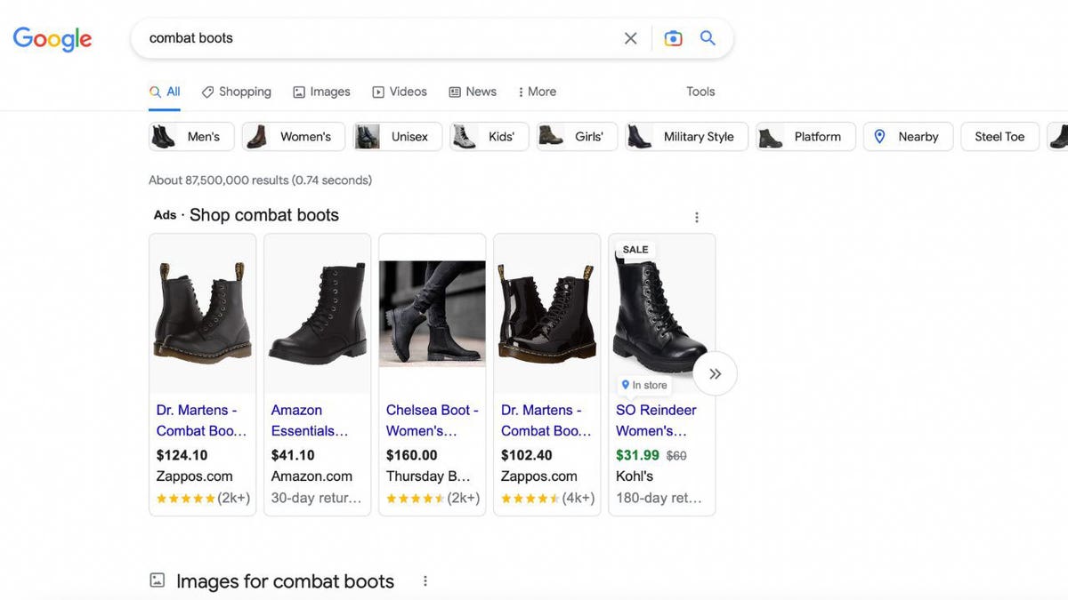 Screenshot of a Google shopping screen.