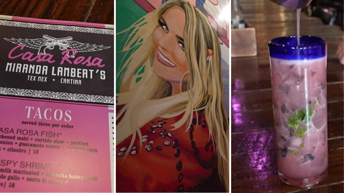Casa Rosa Miranda Lambert's Tex Mex and Cantina's menu, mural and bar drink