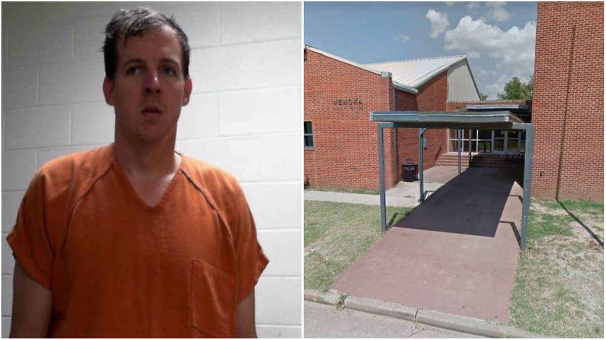 Cody Barlow mugshot, left, school shown at right
