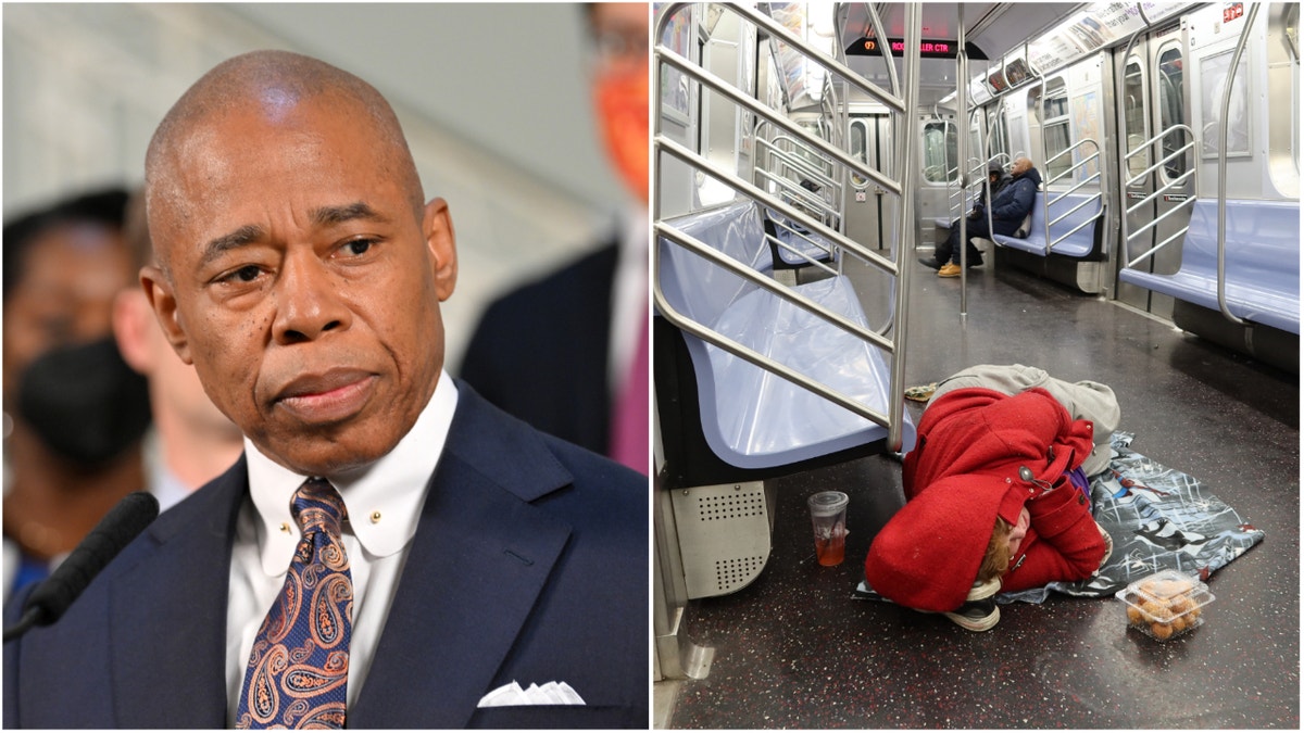 Eric Adams and homeless subway passenger