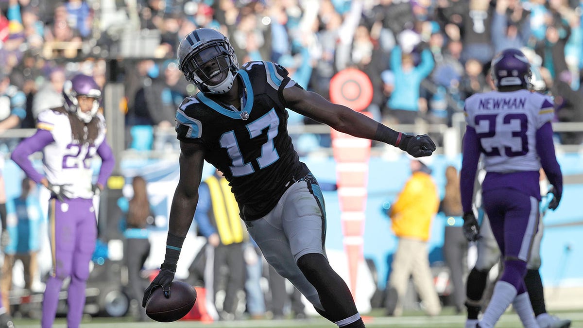 Devin Funchess of the Carolina Panthers reacts after a touchdown