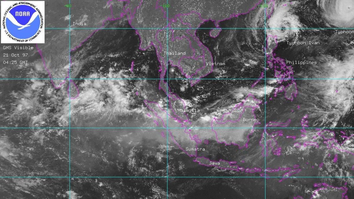 A satellite image of smoke from fires over Borneo and Sumatra