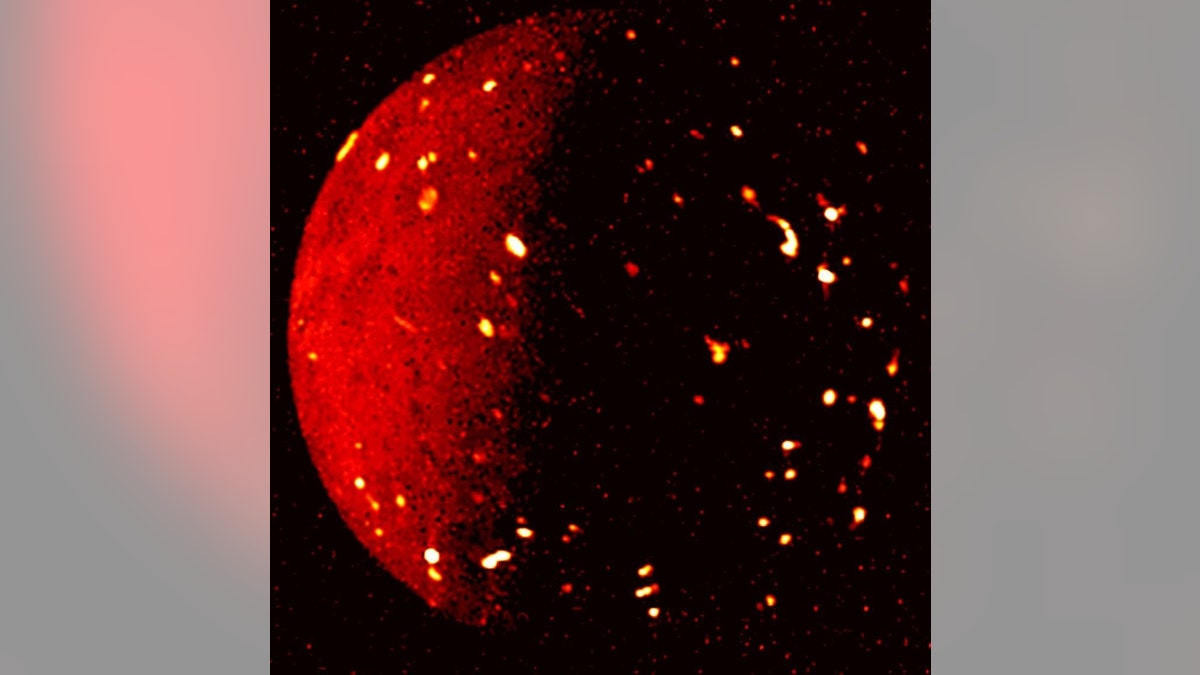 The volcano-laced surface of Jupiter’s moon Io was captured in infrared by the Juno spacecraft’s Jovian Infrared Auroral Mapper (JIRAM) imager as it flew by at a distance of was about 50,000 miles (80,000 kilometers) on July 5, 2022. Brighter spots indicate higher temperatures in this image. 