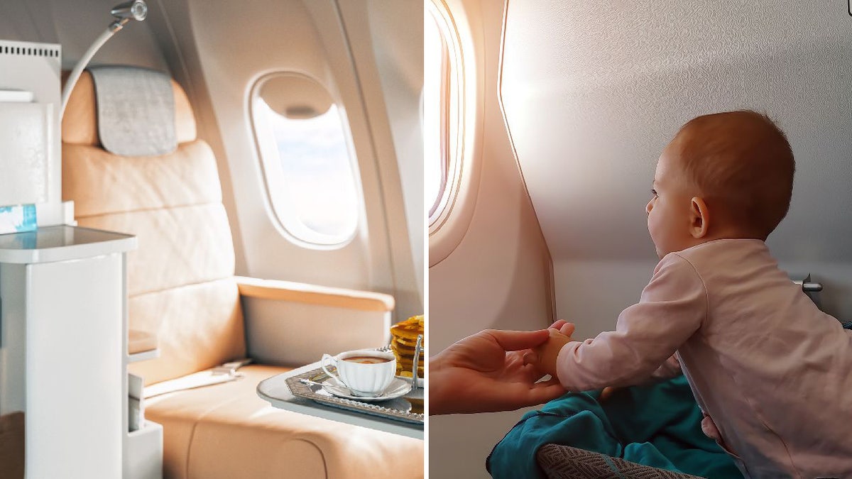 First class cabin next to baby looking out plane window