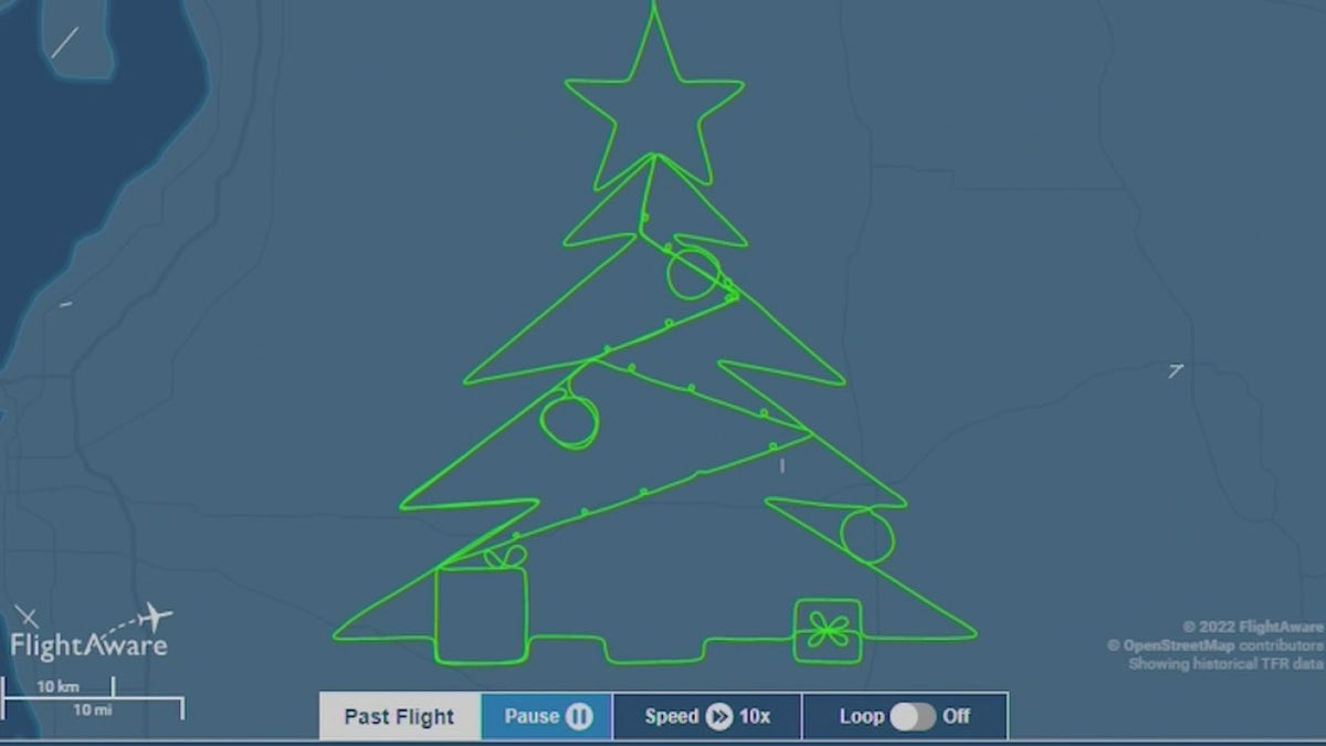 A flight path in the shape of a Christmas tree
