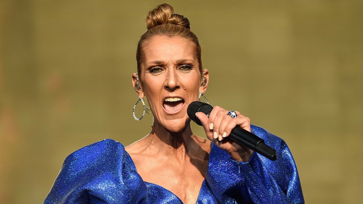 Celine Dion sings into a microphone with a high bun and electric blue dress with puffy shoulders