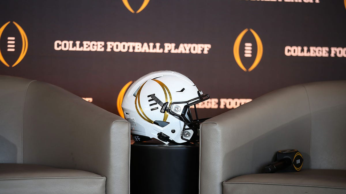 CFP helmet at the College Football Playoff press conference