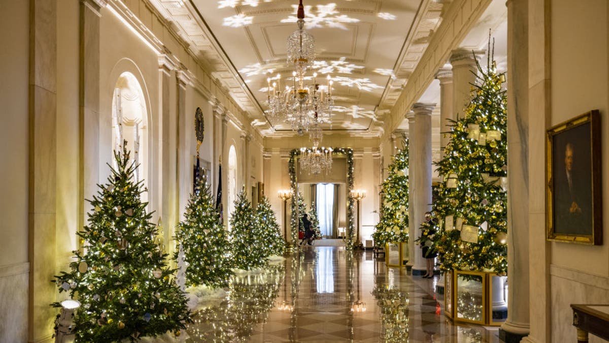 NOVEMBER 28: Christmas decorations are seen in the entrance and cross hall of the White House as part of First Lady Dr. Jill Biden's "We the People" decorative theme in Washington, D.C. on November 28th, 2022. 