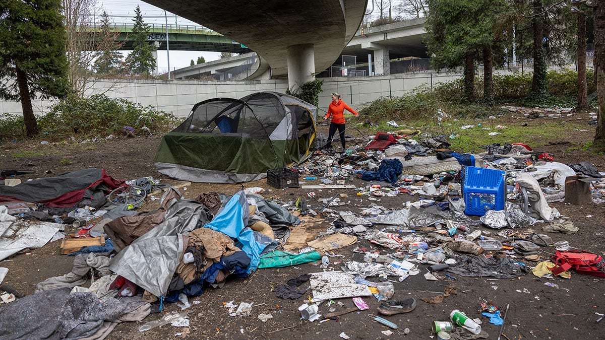 Seattle homeless camp under overpass, strewn with trash
