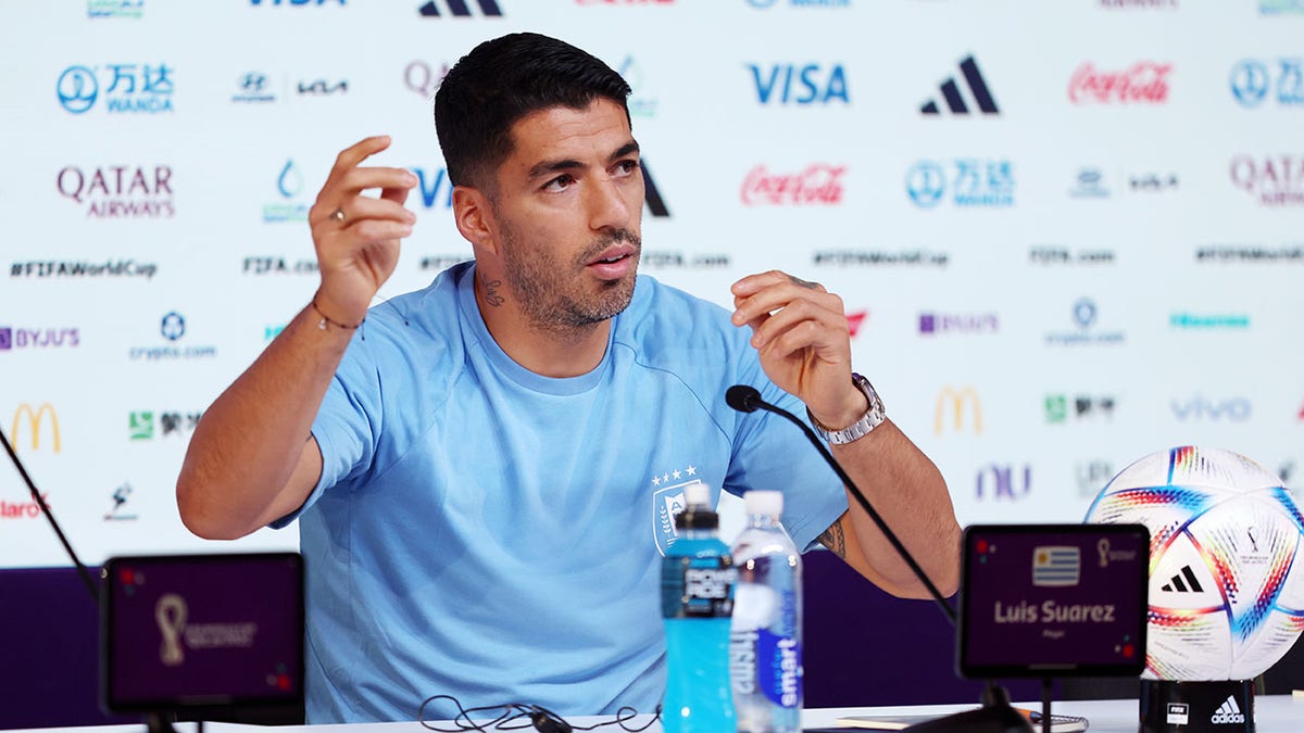 Luis Suarez during a press conference for the World Cup